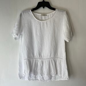 Terzo Millennio 100%‎ Linen White Floral Eyelet Blouse SZ S Italian Cottage